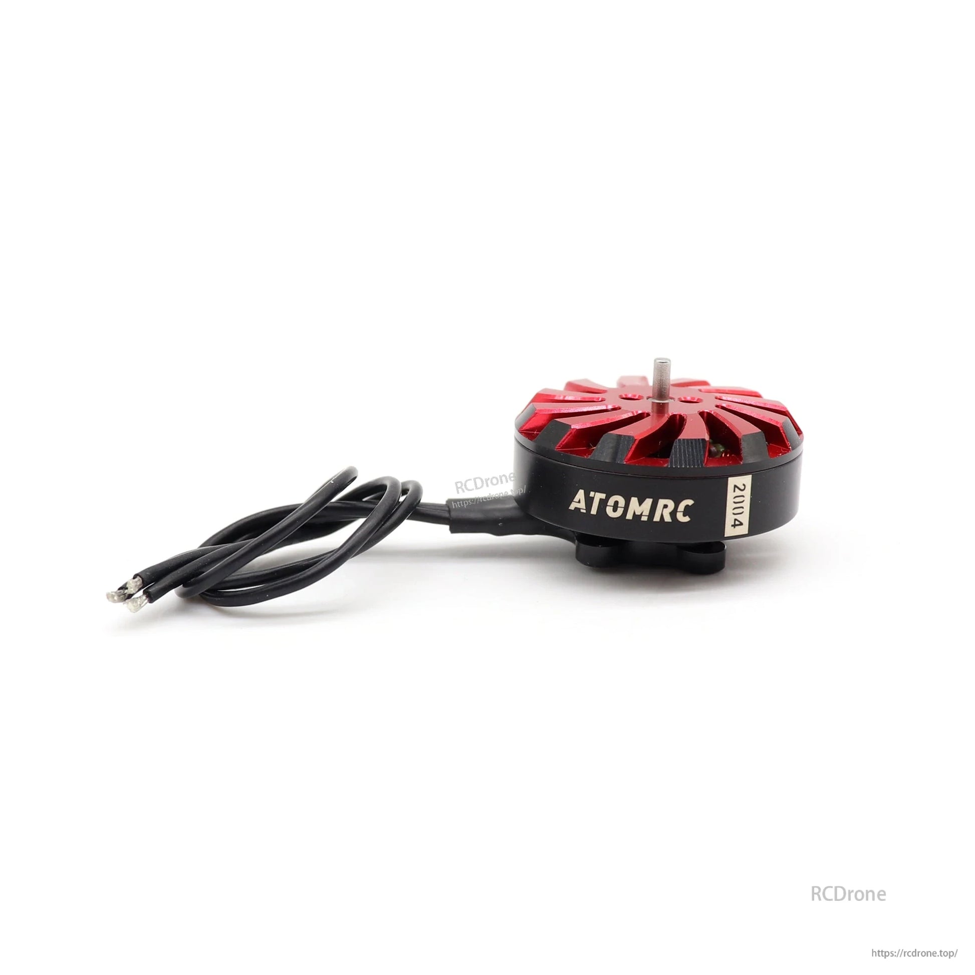 Low side angle of ATOMRC motor with center shaft, vented red top, and long lead wires