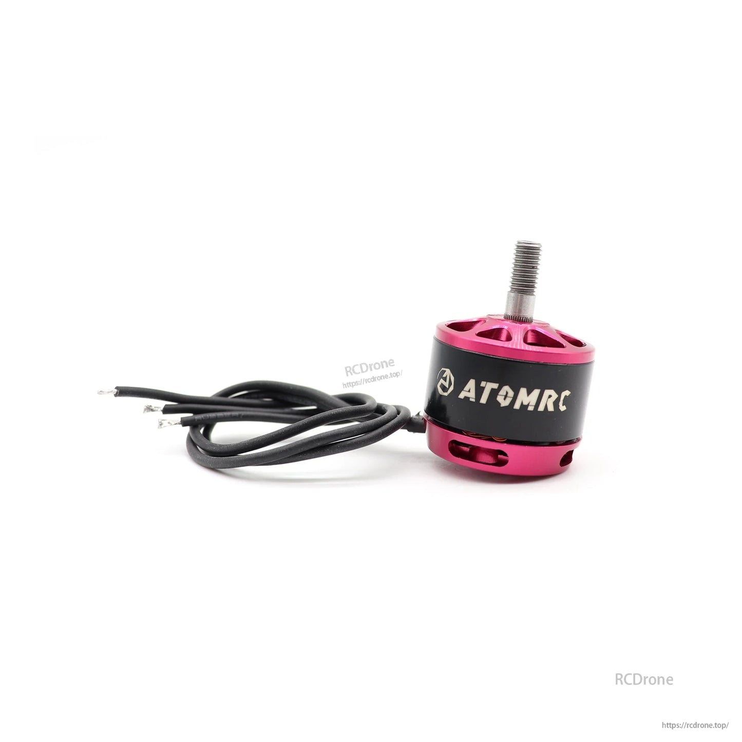 ATOMRC 2212 1400KV brushless motor with pink aluminum housing, threaded shaft, and three motor wires