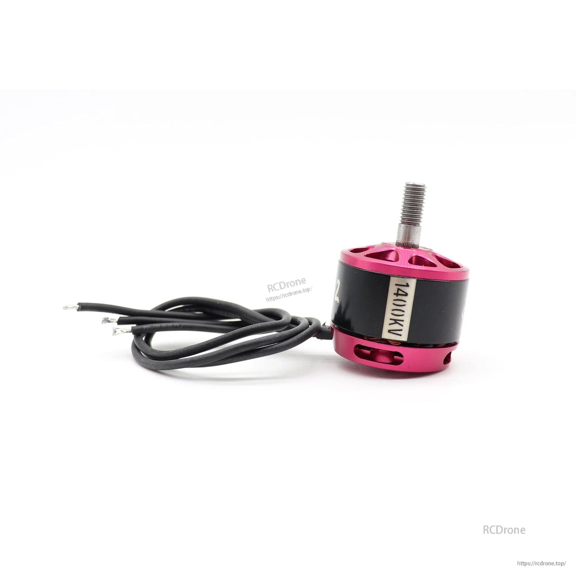 ATOMRC 2212 1400KV brushless motor with pink end caps, threaded shaft, and three black lead wires