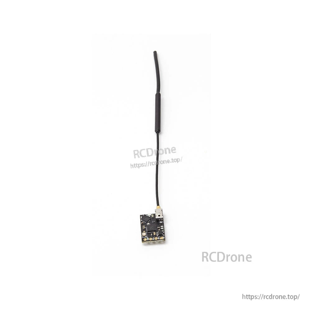 FPV receiver module connected to antenna cable, overhead view on white background