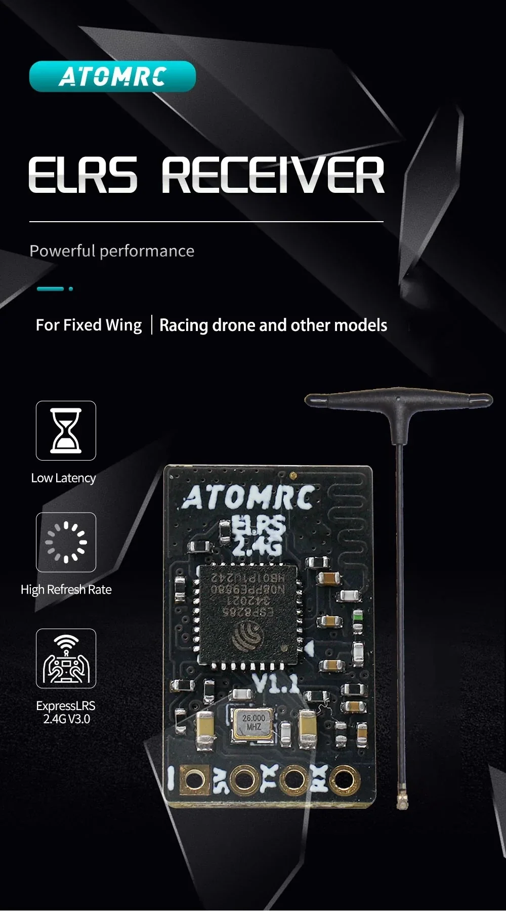 ATOMRC 2.4G ELRS FPV receiver board with T-antenna, highlighting ExpressLRS 2.4G V3.0 and low latency