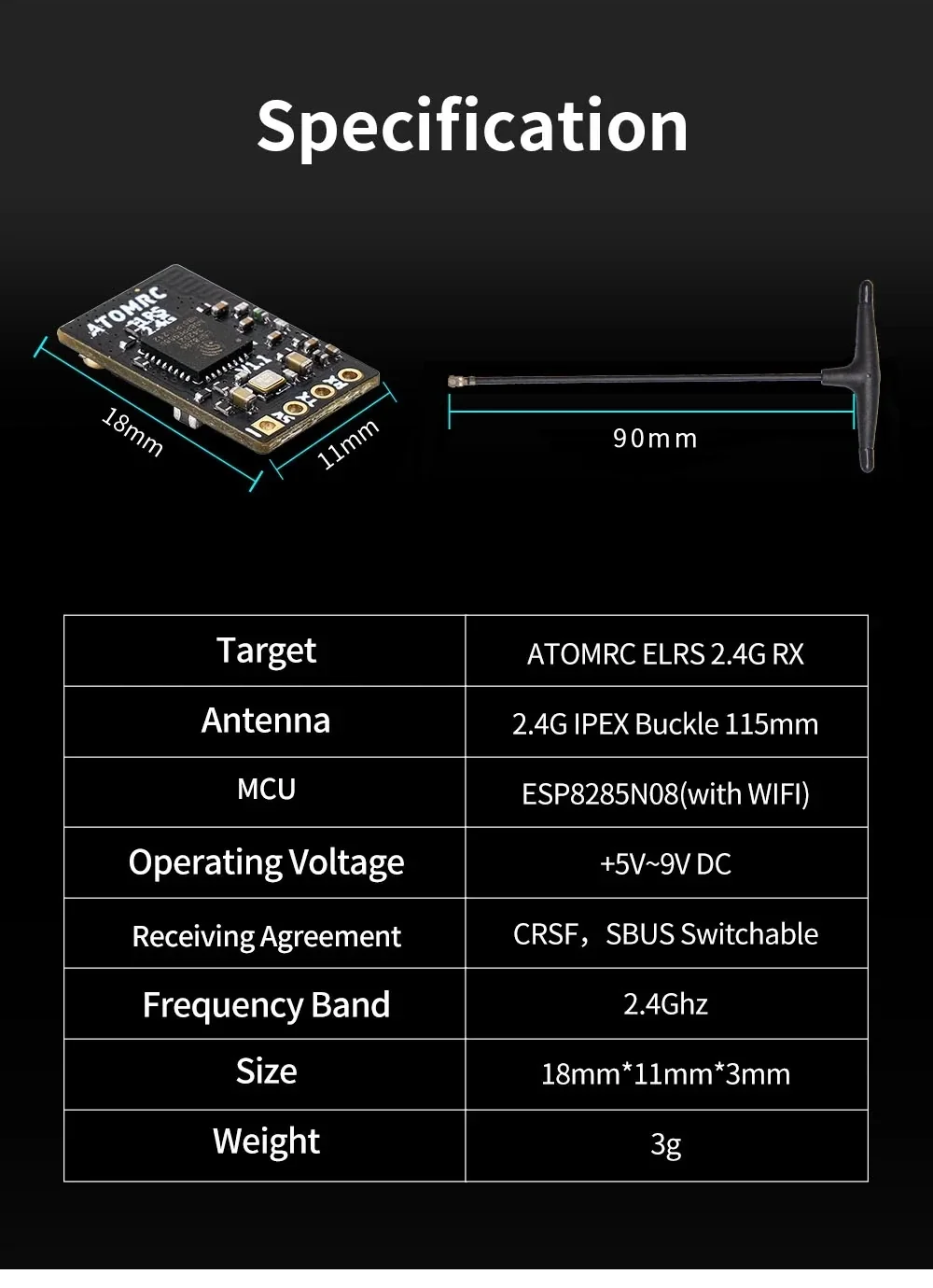 Specification table for ATOMRC ELRS 2.4G RX: 18×11×3 mm size, 3 g weight, 90 mm antenna length, 5–9V