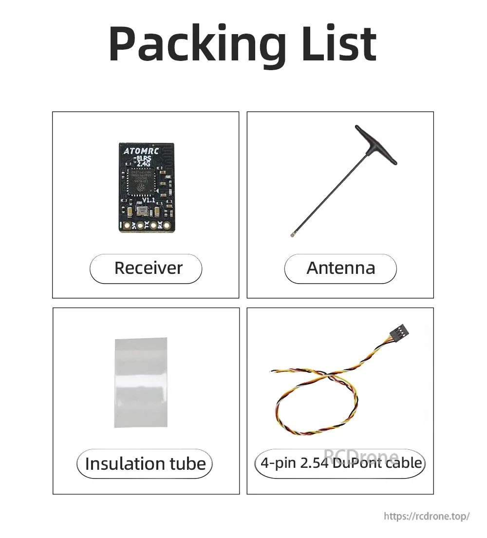 Packing list for ATOMRC 2.4G ELRS FPV receiver kit: receiver, antenna, insulation tube, and 4-pin DuPont cable