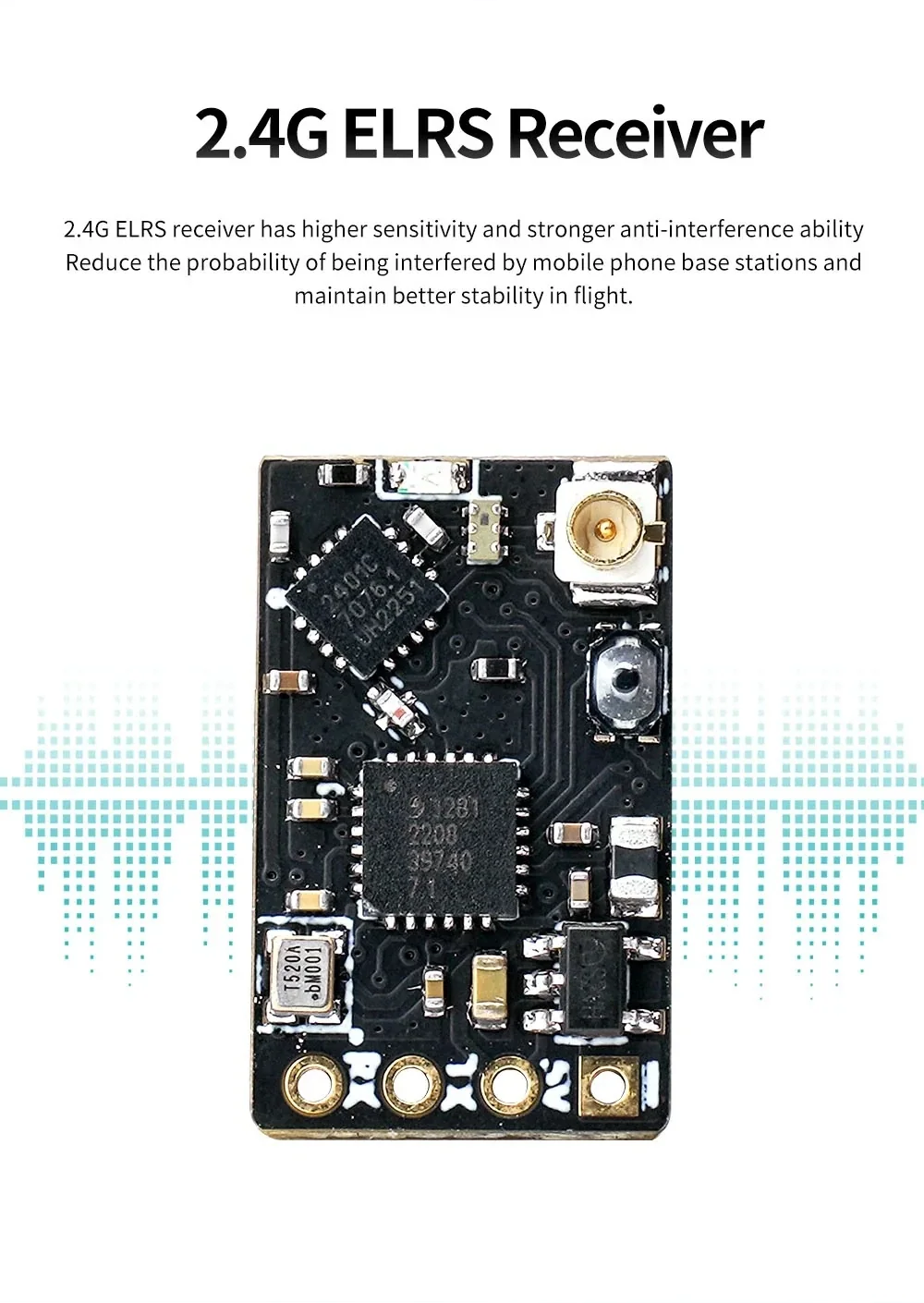 2.4G ELRS receiver close-up with IPEX antenna connector and onboard components for stable FPV control links