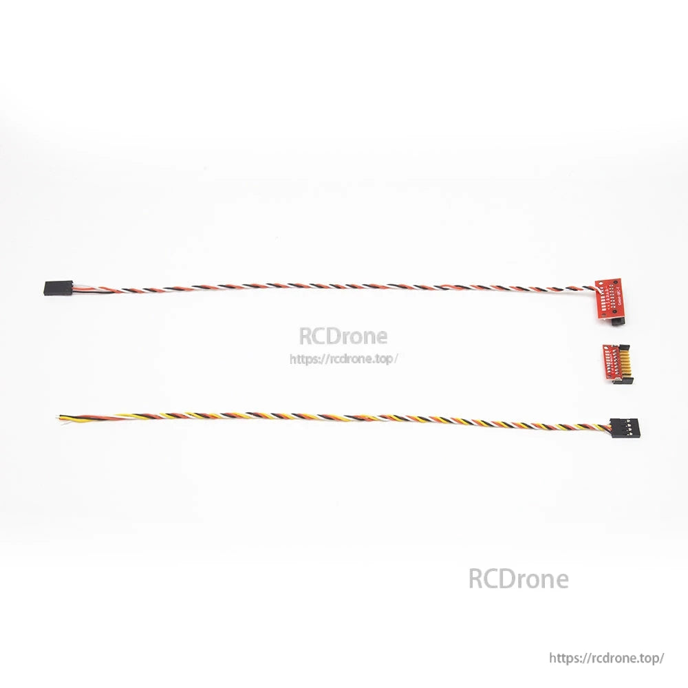 Two twisted extension wire harnesses with connectors and small red interface boards for RC plane electronics