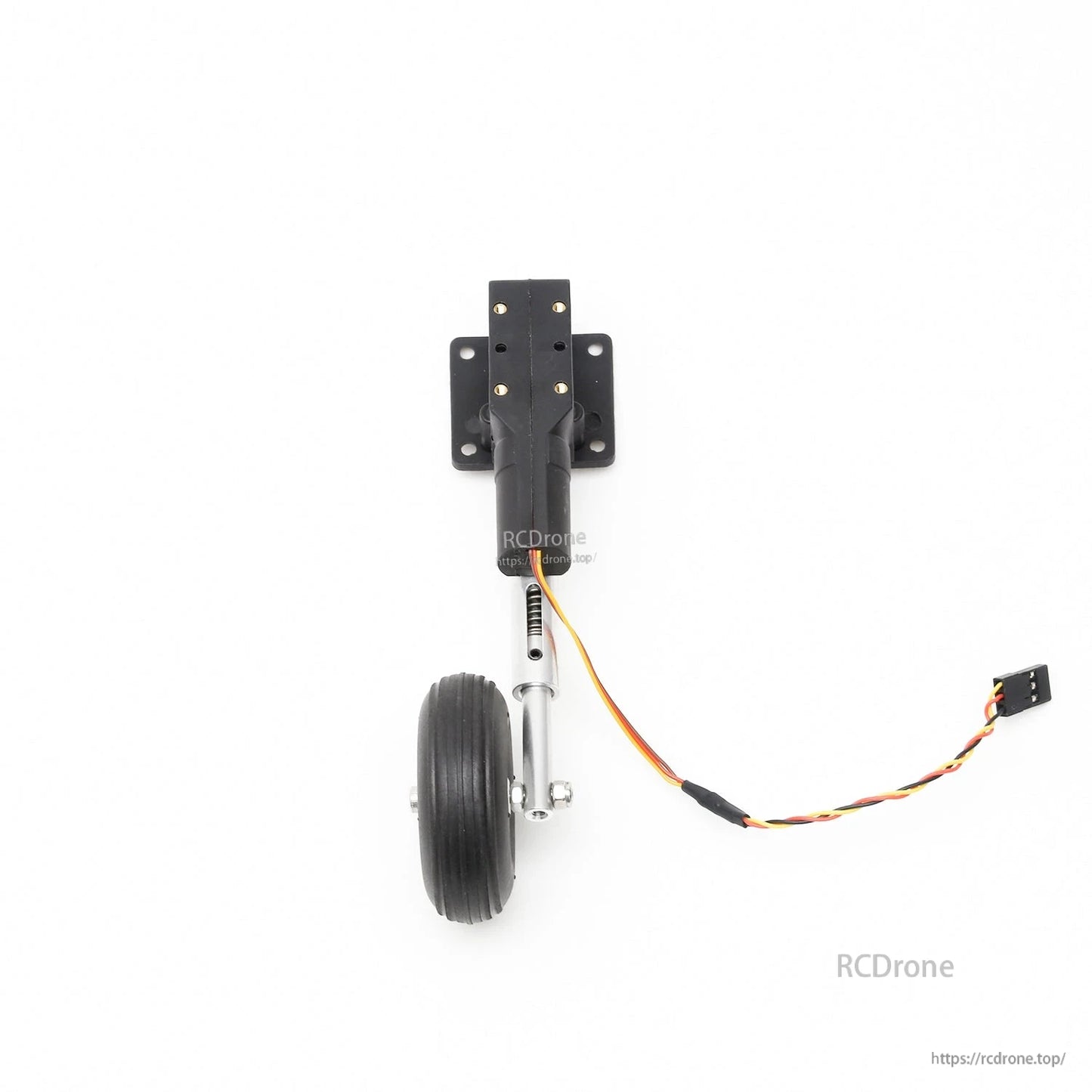 Retractable landing gear unit with wheel and long servo wire lead, front view