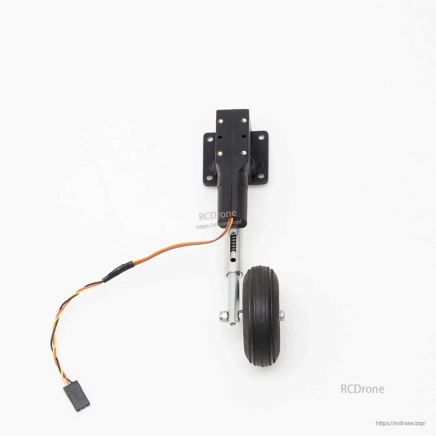 Single retract landing gear unit with wheel, mounting plate and servo lead, top view
