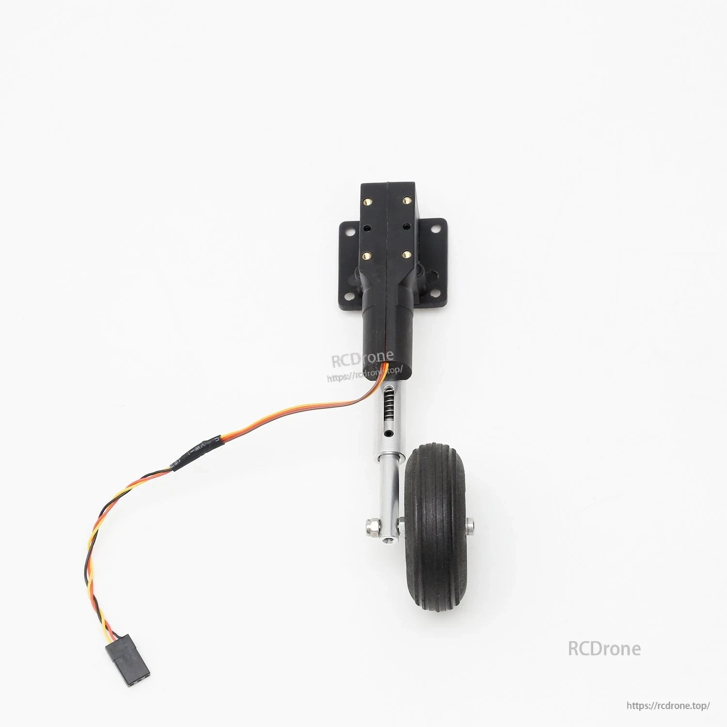 Single retract landing gear unit with wheel, mounting plate and servo lead, top view