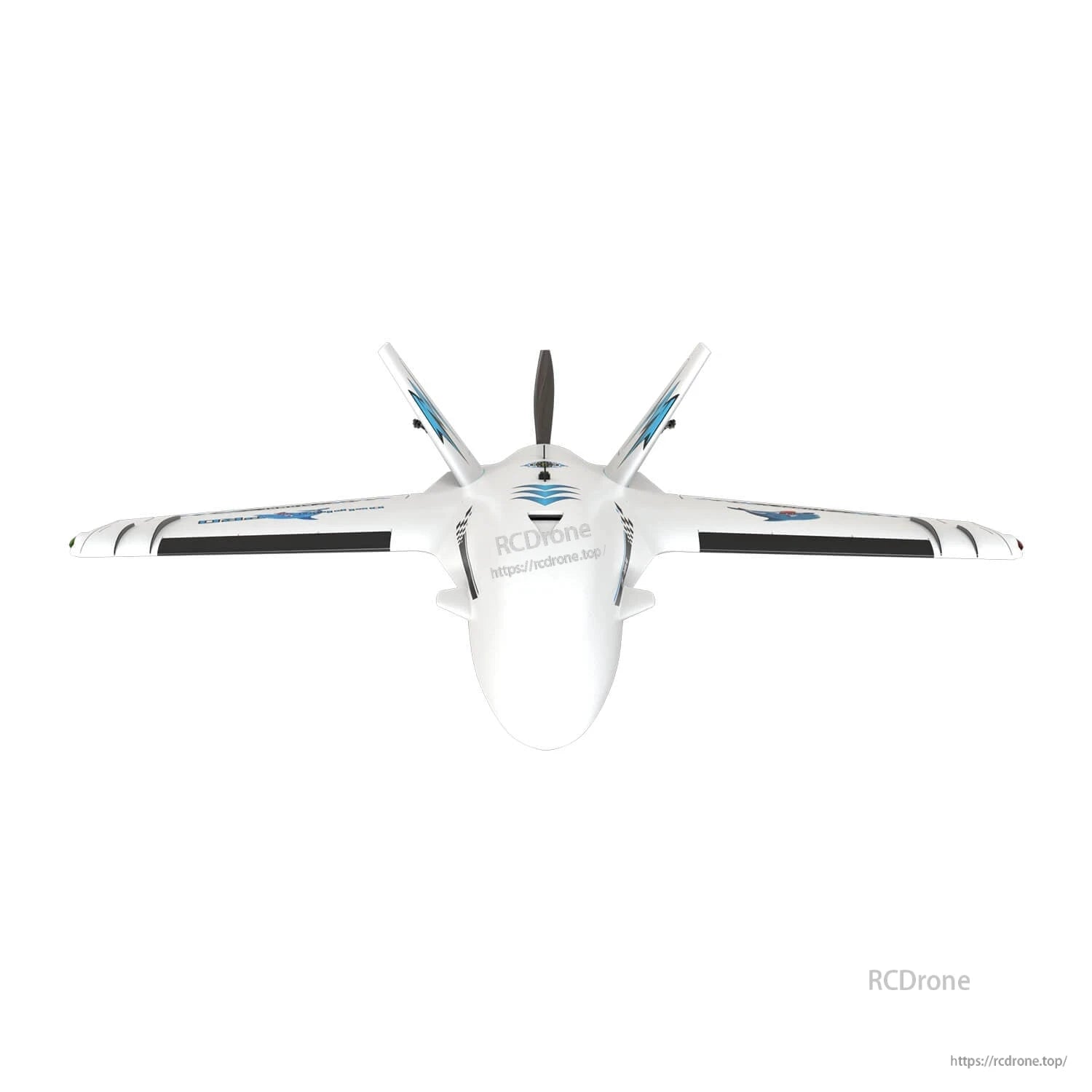 White Dolphin Pro FPV aircraft front view showing wingspan, nose, and V-tail fins behind
