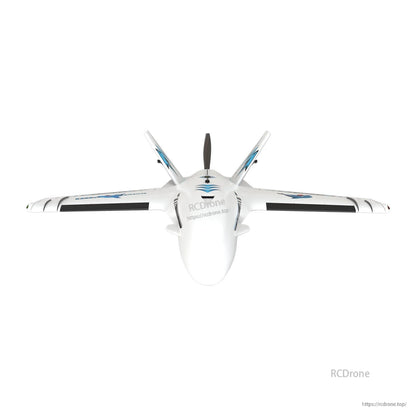White Dolphin Pro FPV aircraft front view showing wingspan, nose, and V-tail fins behind