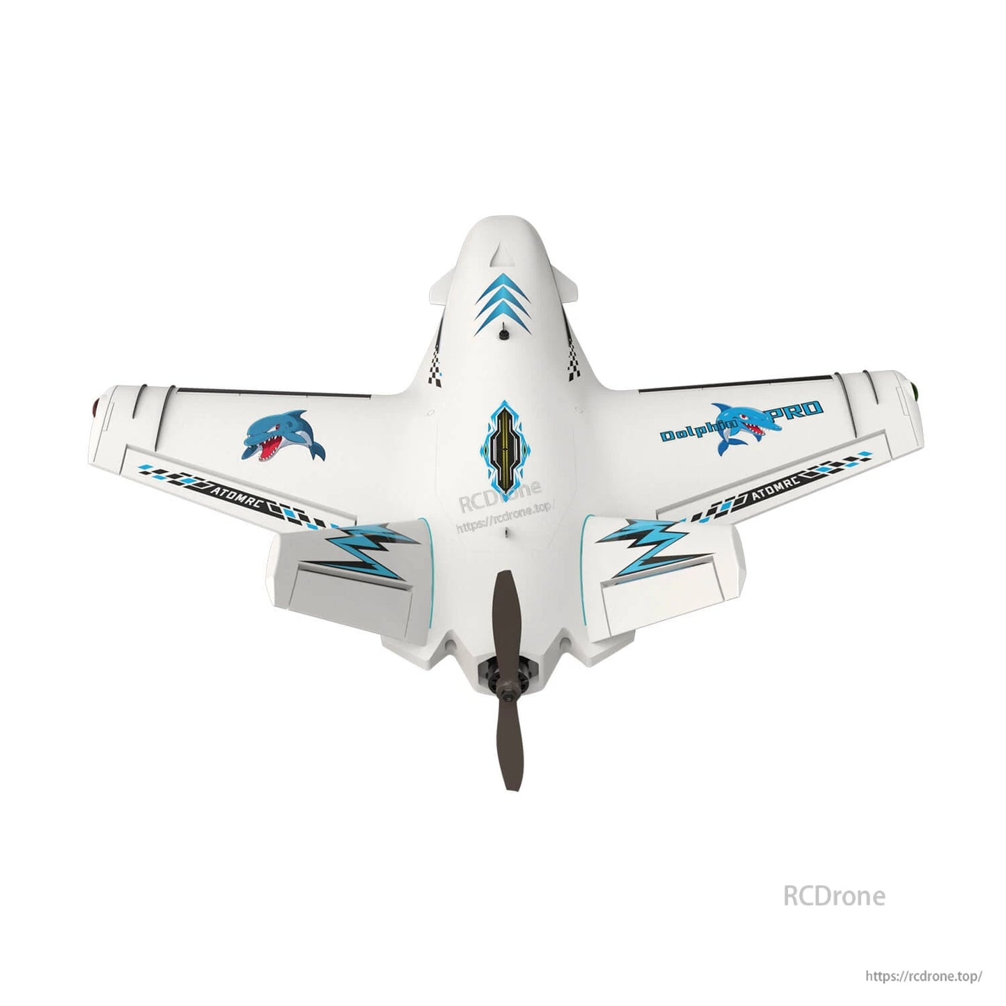 White Dolphin Pro FPV wing aircraft top view with pusher prop and Dolphin Pro wing markings