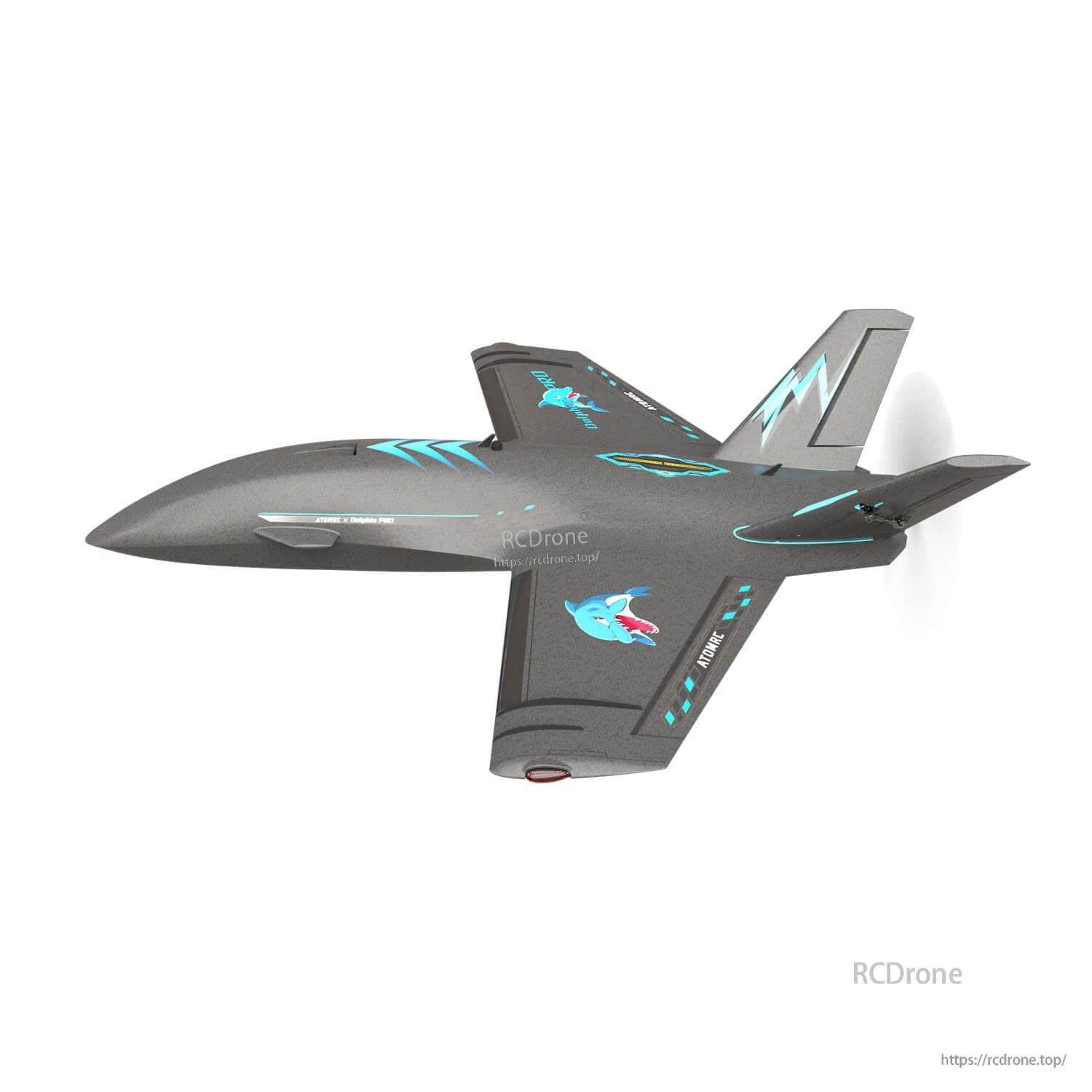 Black Dolphin Pro FPV wing aircraft side profile showing V-tail and rear pusher prop