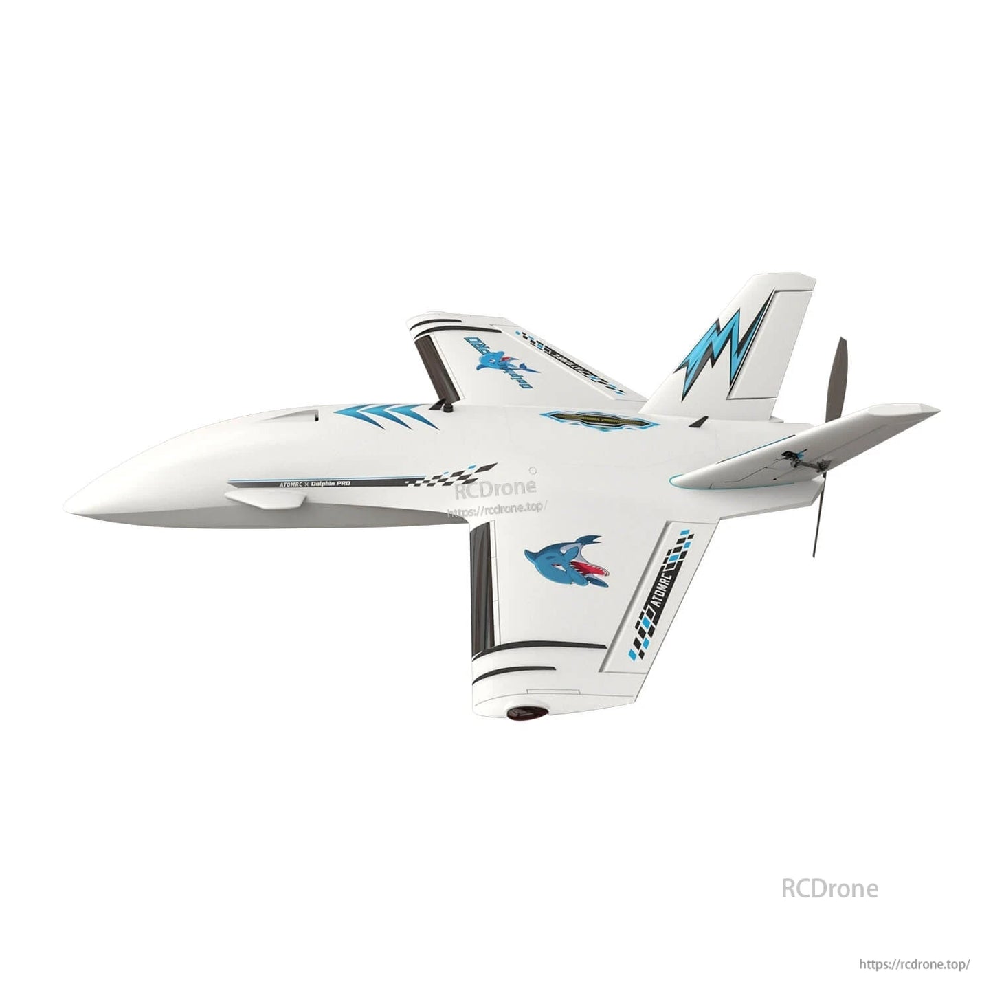 White Dolphin Pro FPV wing aircraft side profile showing nose shape, wing stripes, and V-tail