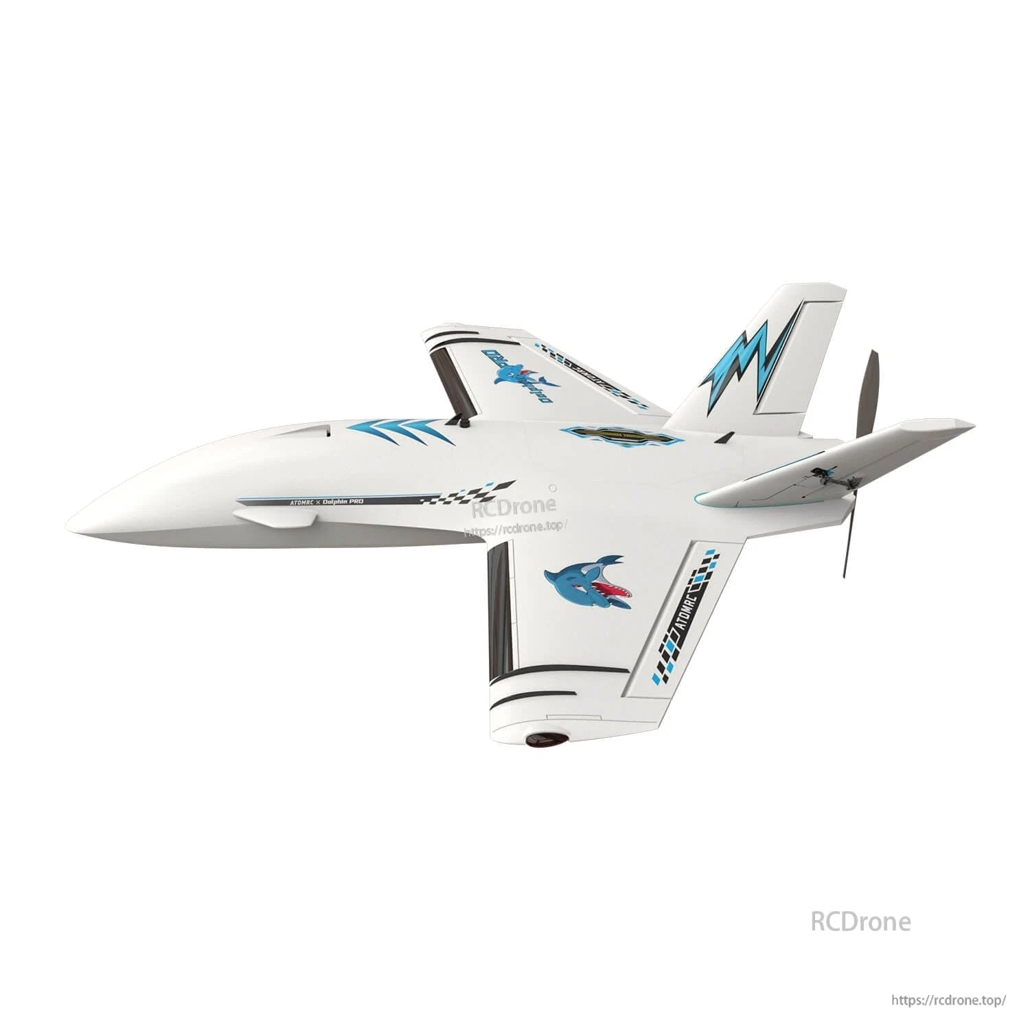 White Dolphin Pro FPV wing aircraft side profile showing nose shape, wing stripes, and V-tail