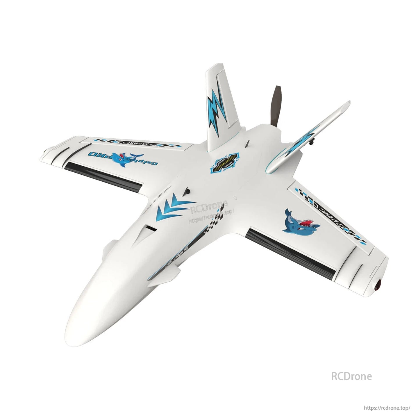 ATOMRC Dolphin Pro 800mm FPV fixed-wing aircraft in white, 3/4 top view with V-tail