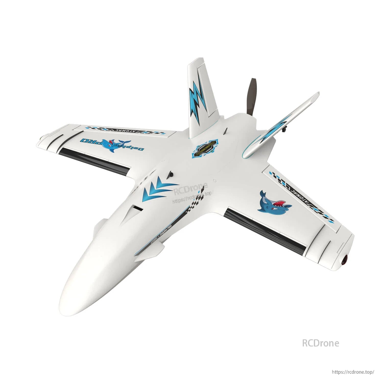 ATOMRC Dolphin Pro 800mm FPV fixed-wing aircraft in white, 3/4 top view with V-tail