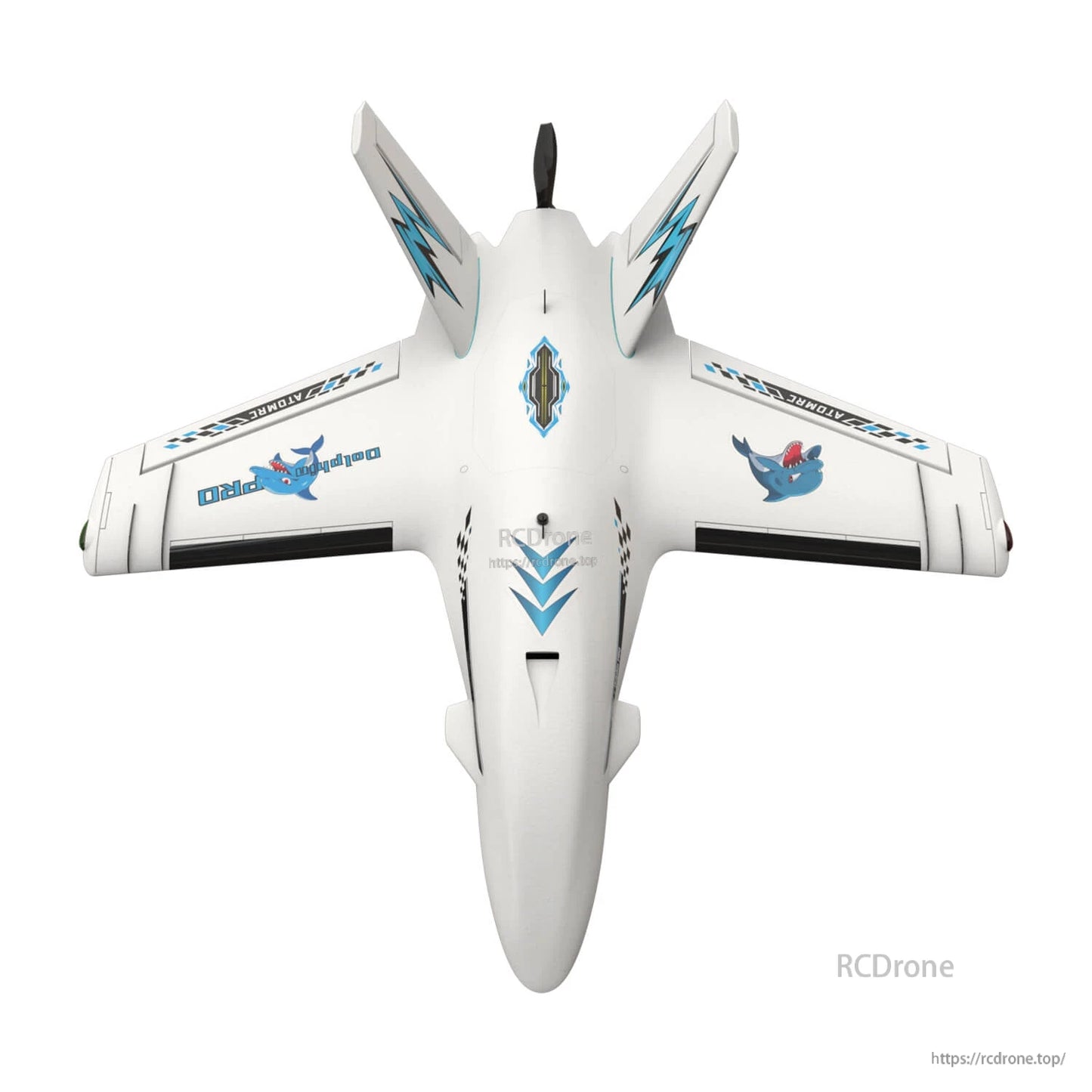 White FPV wing aircraft top-down view highlighting twin V-tail fins and center hatch area