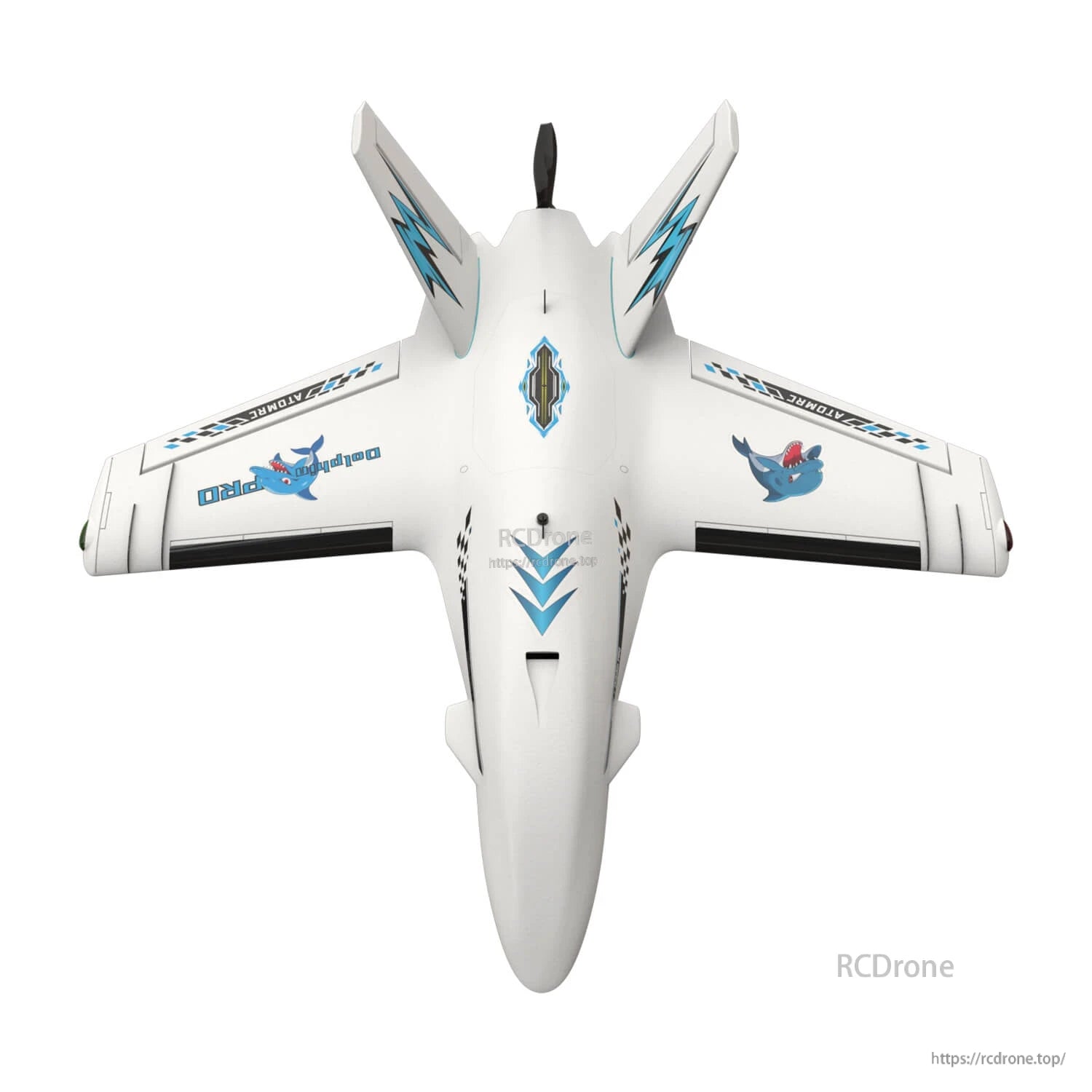 White FPV wing aircraft top-down view highlighting twin V-tail fins and center hatch area