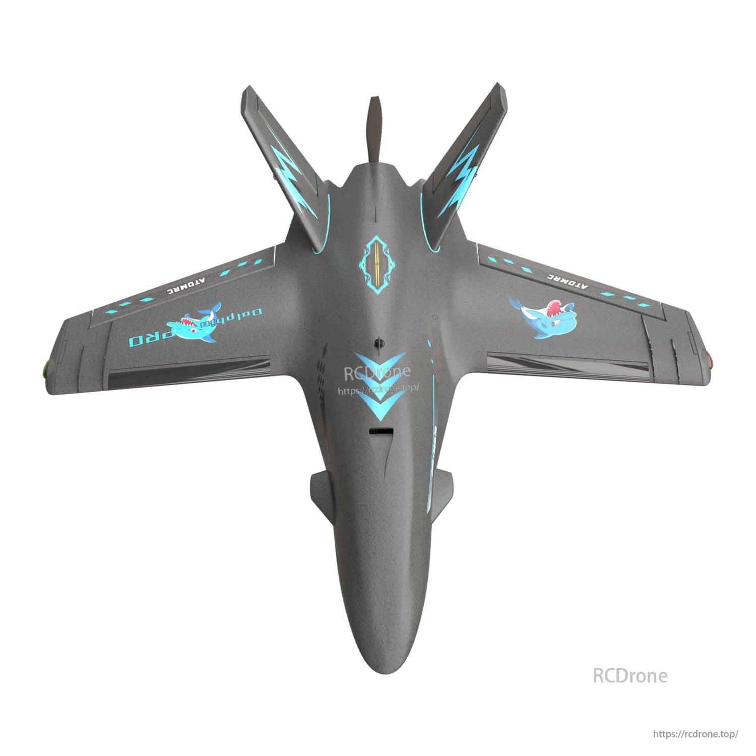 Black Dolphin Pro FPV wing aircraft top-down view with twin V-tail fins and wing decals