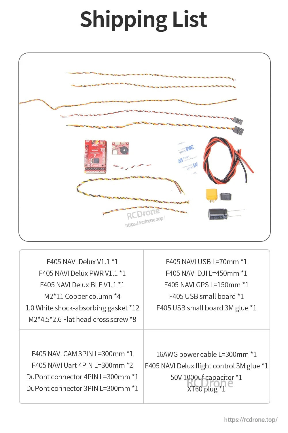 Shipping list for ATOMRC F405 NAVI Delux V1.1 kit with flight controller, power board, BLE, cables, screws and XT60
