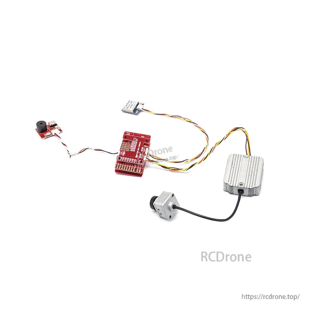 ATOMRC F405 NAVI flight controller complete wiring layout with camera module and aluminum case component