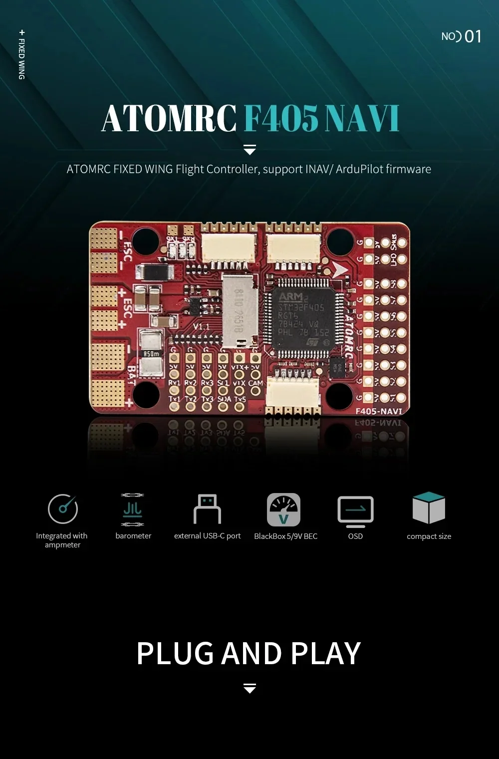 ATOMRC F405 NAVI Flight Controller for fixed-wing INAV/ArduPilot builds with OSD, barometer, and Micro SD slot