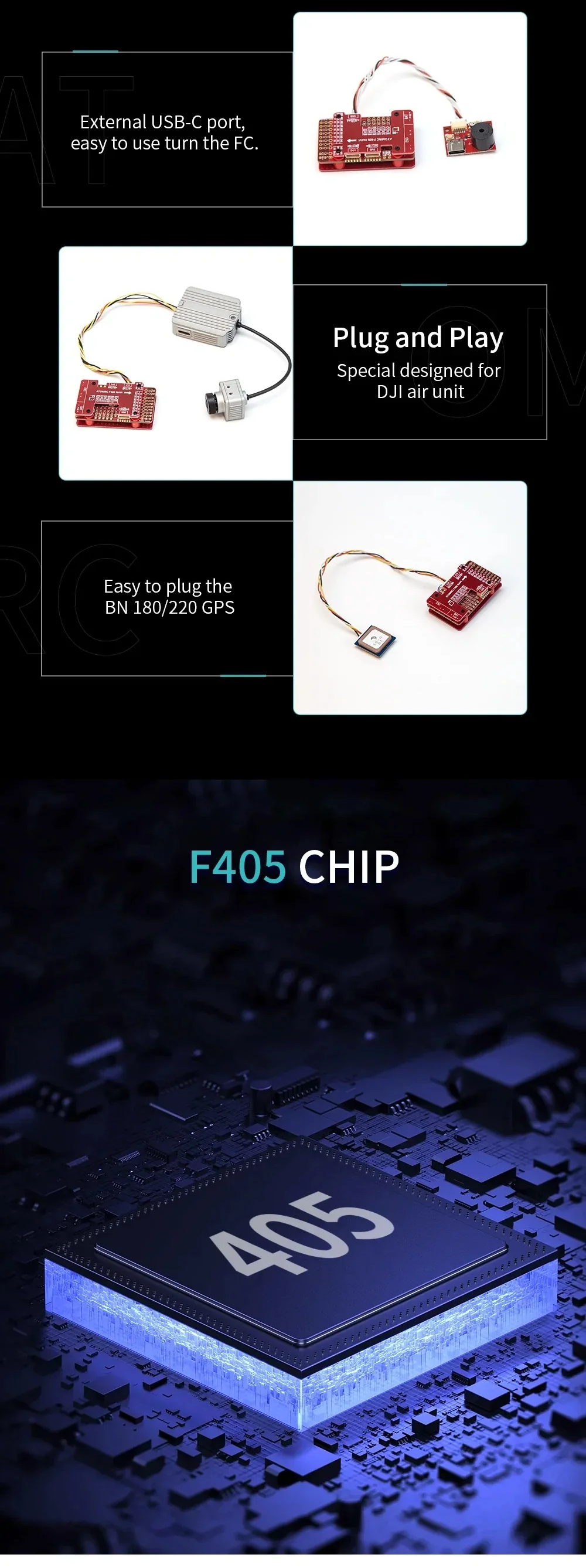 Plug-and-play accessory boards for the F405 NAVI: external USB Type‑C adapter/boot board and GPS lead options