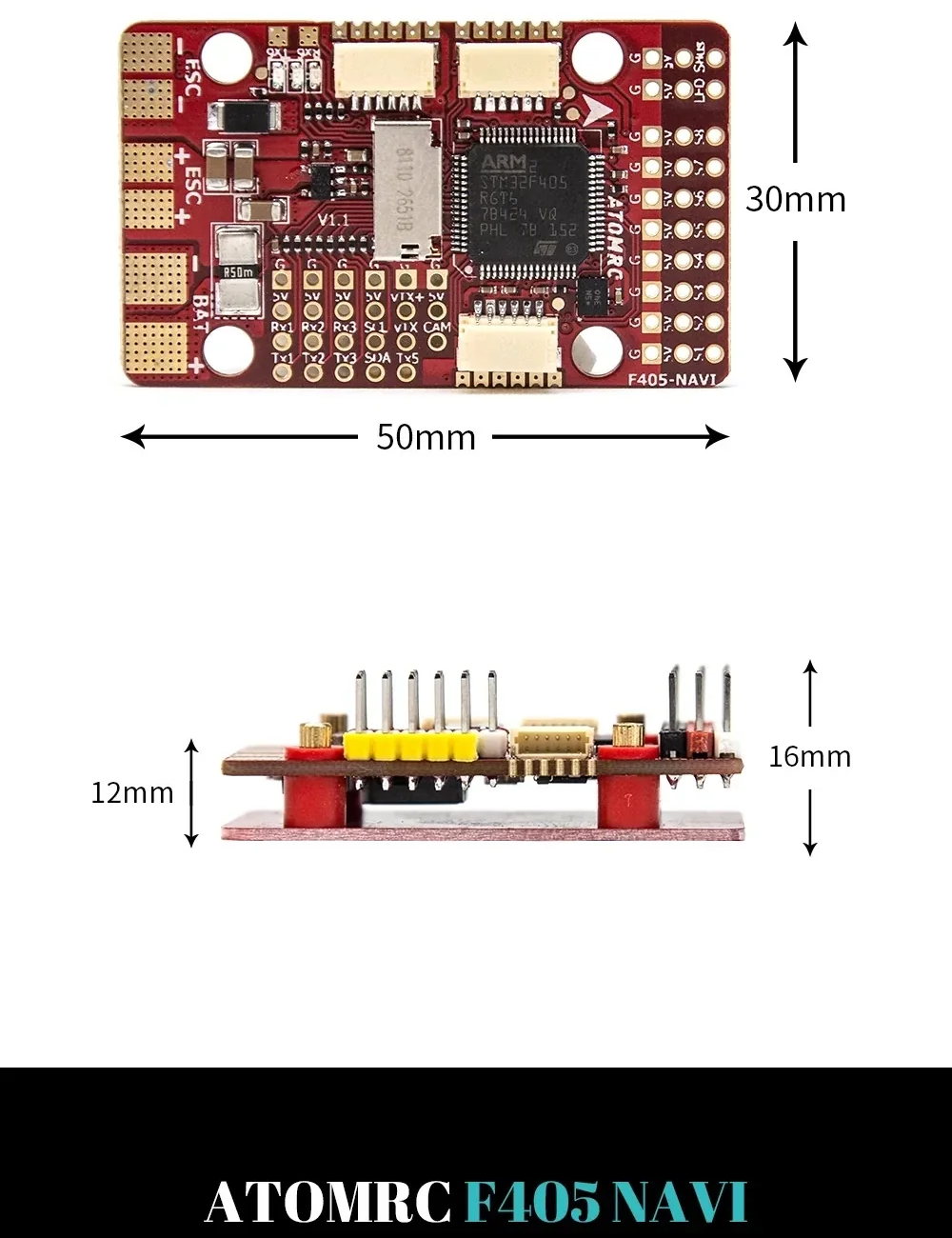 ATOMRC F405 NAVI flight controller board dimensions and height profile: 50×30 mm layout with 12–16 mm stack height
