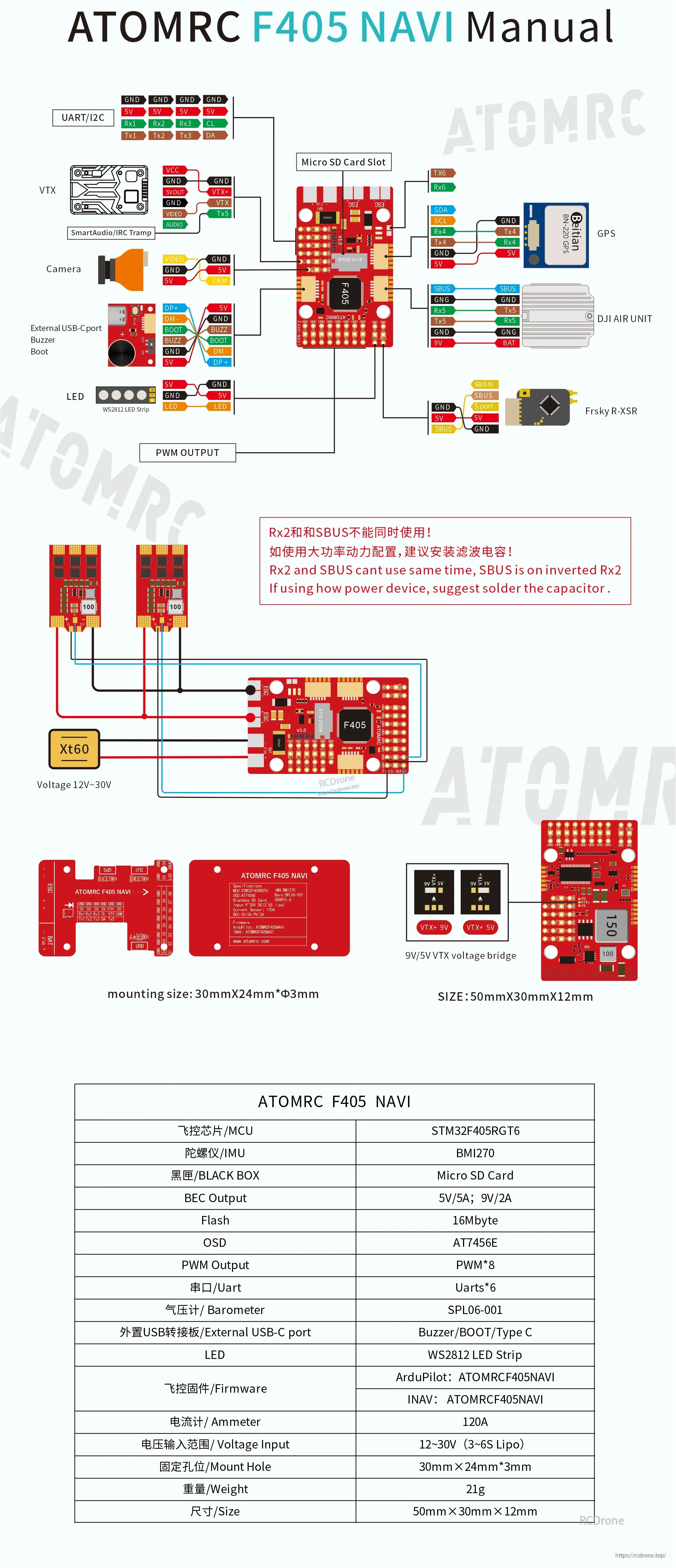 Wiring manual layout for ports and pinouts: GPS, DJI Air Unit, VTX control, camera, LEDs, power, and UART connections