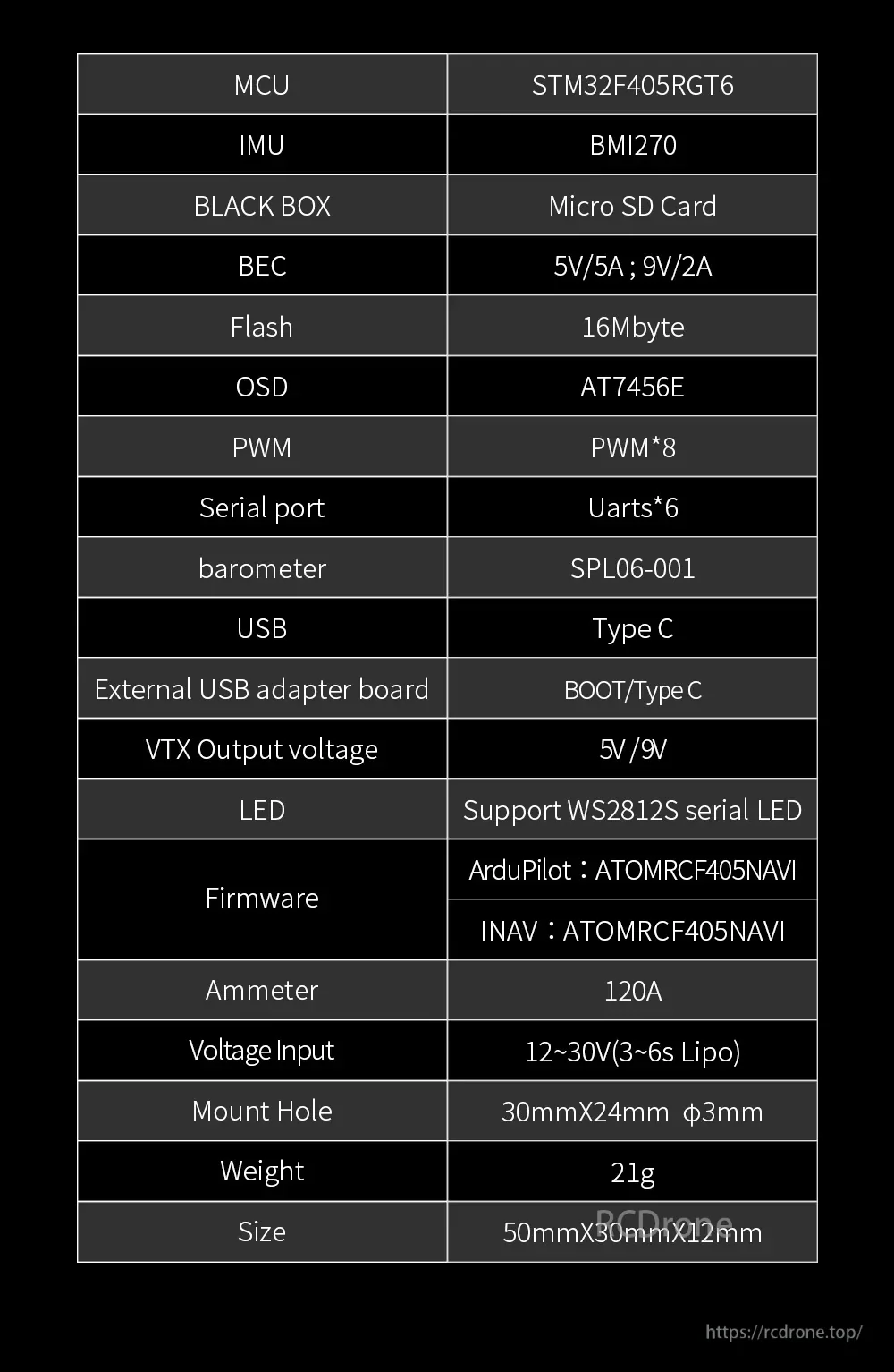 Specification table listing STM32F405 MCU, BMI270 IMU, SPL06 barometer, AT7456E OSD, 5V/9V BEC, and UART/PWM counts