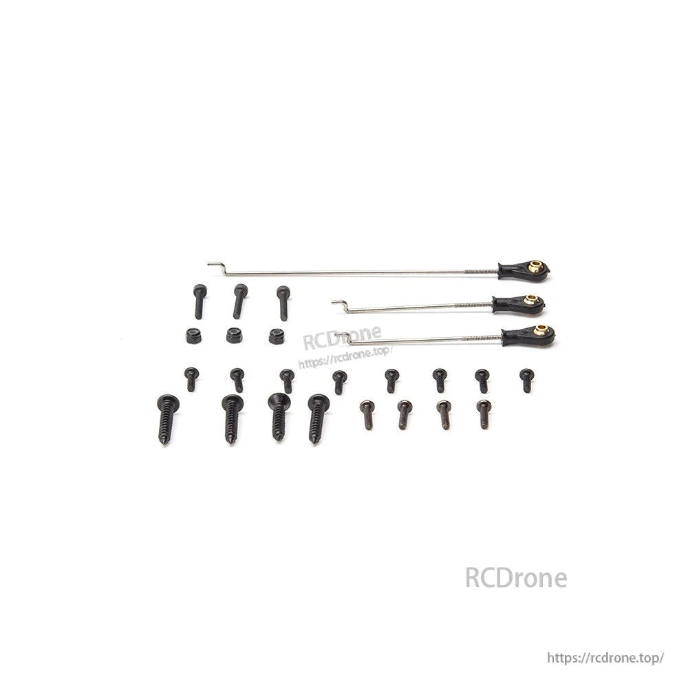 Hardware kit with pushrods, clevises, screws, and fasteners for RC plane assembly