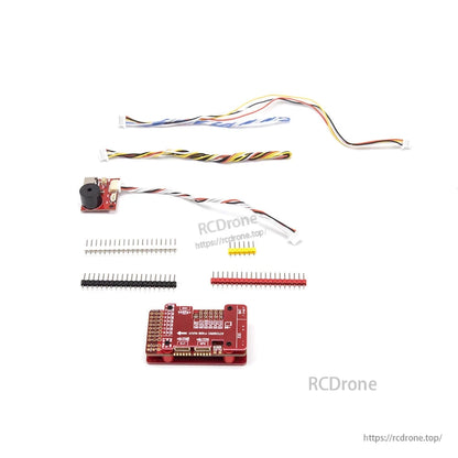 Electronics kit with PCB board, wiring harnesses, pin headers, and small buzzer module