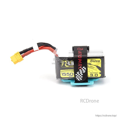 Side view of LiPo strapped to ATOMRC QR55 quick-release base, XT60 cable visible