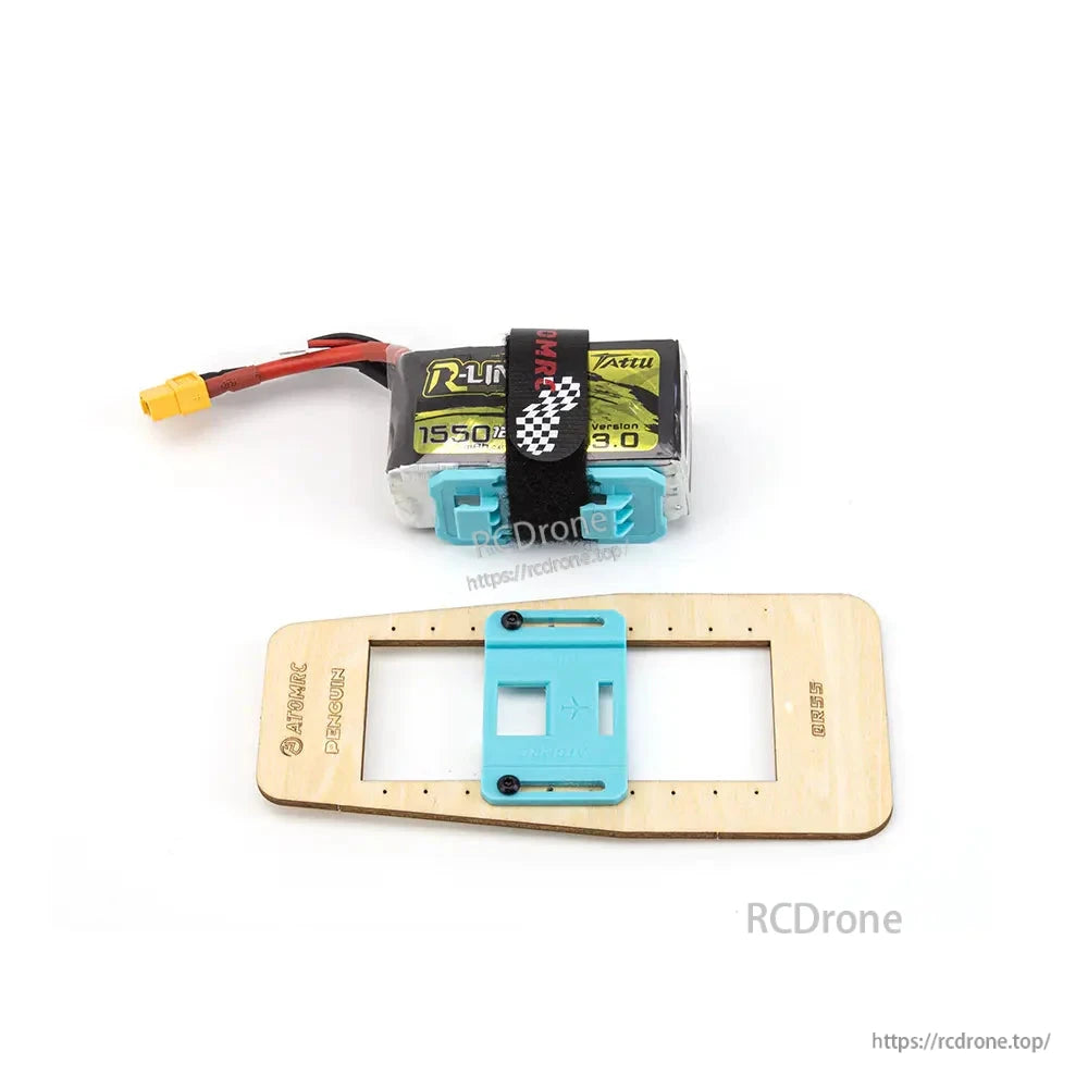 Battery and ATOMRC wooden mounting plate with blue quick-release base installed on top