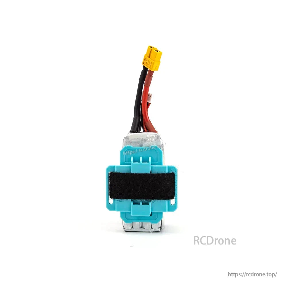 Front view of LiPo seated in blue quick-release cradle with hook-and-loop pad and lead exit