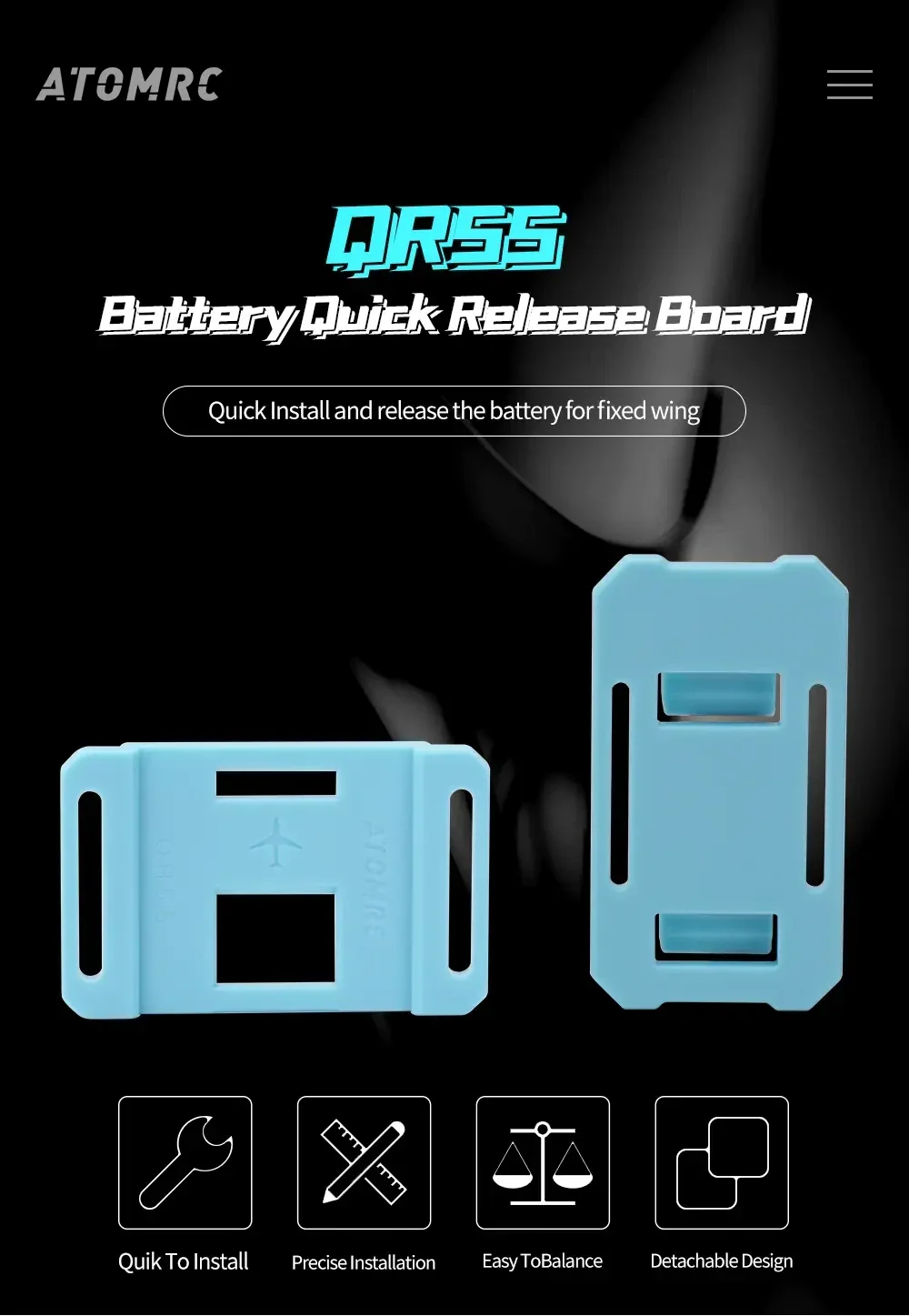 ATOMRC QR55 battery quick release board kit in blue, detachable top and bottom plates