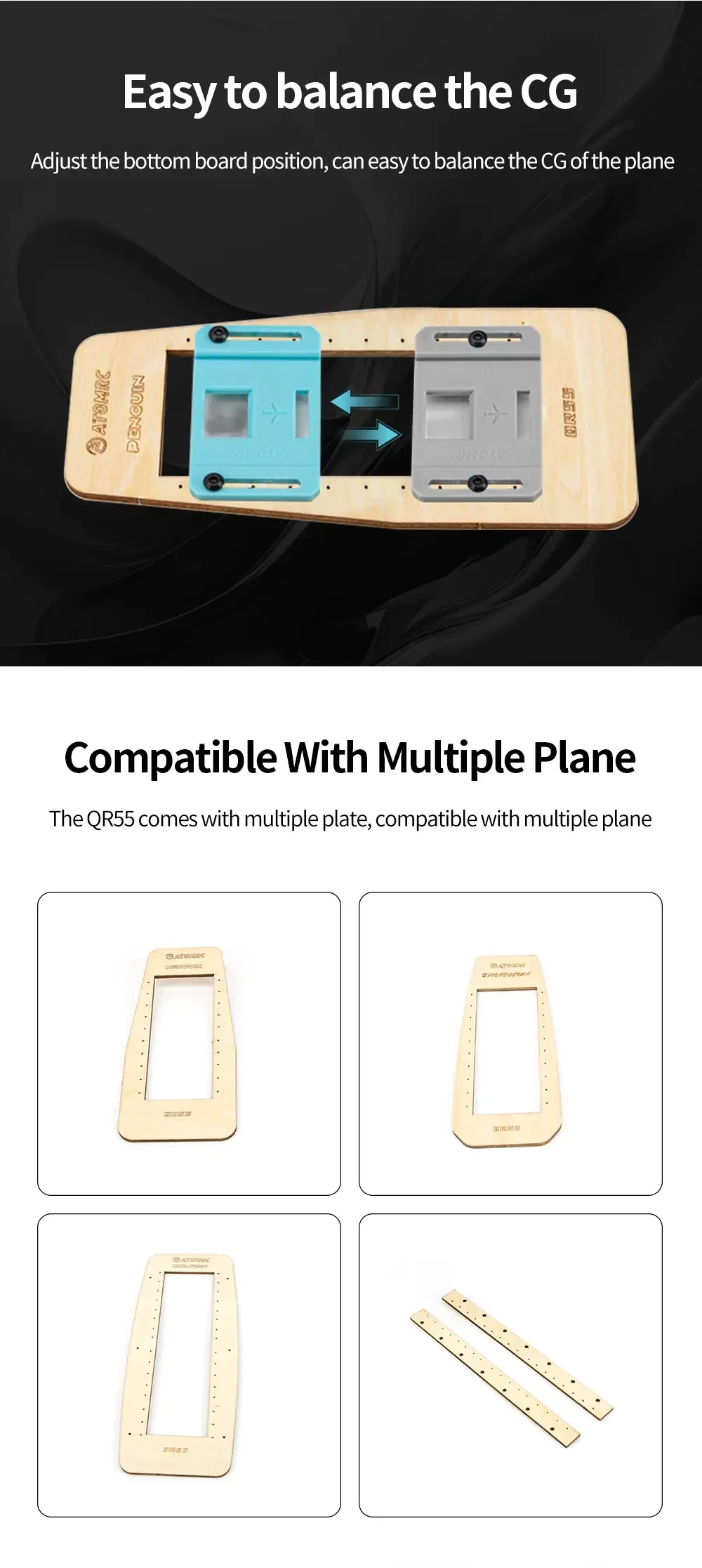 Adjustable bottom board position for balancing CG, plus multiple mounting plates for different planes