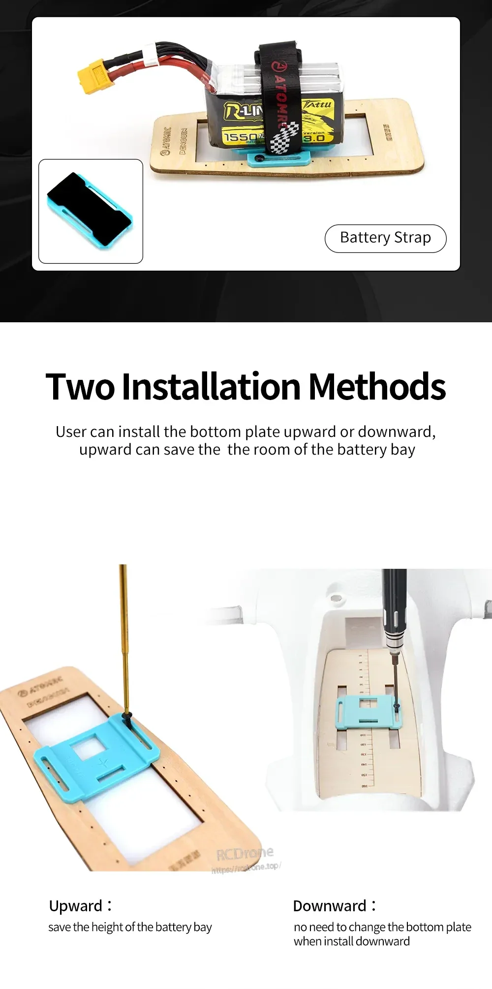 Bottom plate install options for ATOMRC QR55 board, upward or downward mounting in battery bay