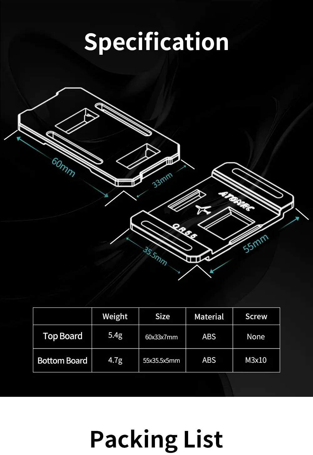 QR55 board dimensions and specs: top 60×33×7mm, bottom 55×35.5×5mm, ABS material