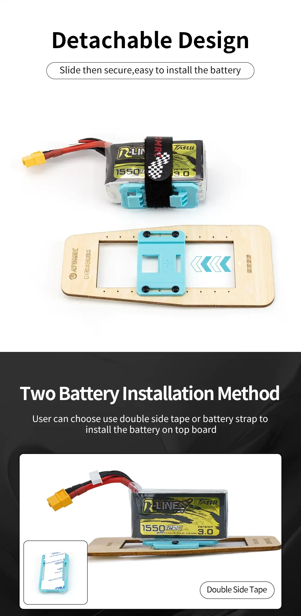 Detachable QR55 mount with battery on top board, showing strap and double-sided tape options