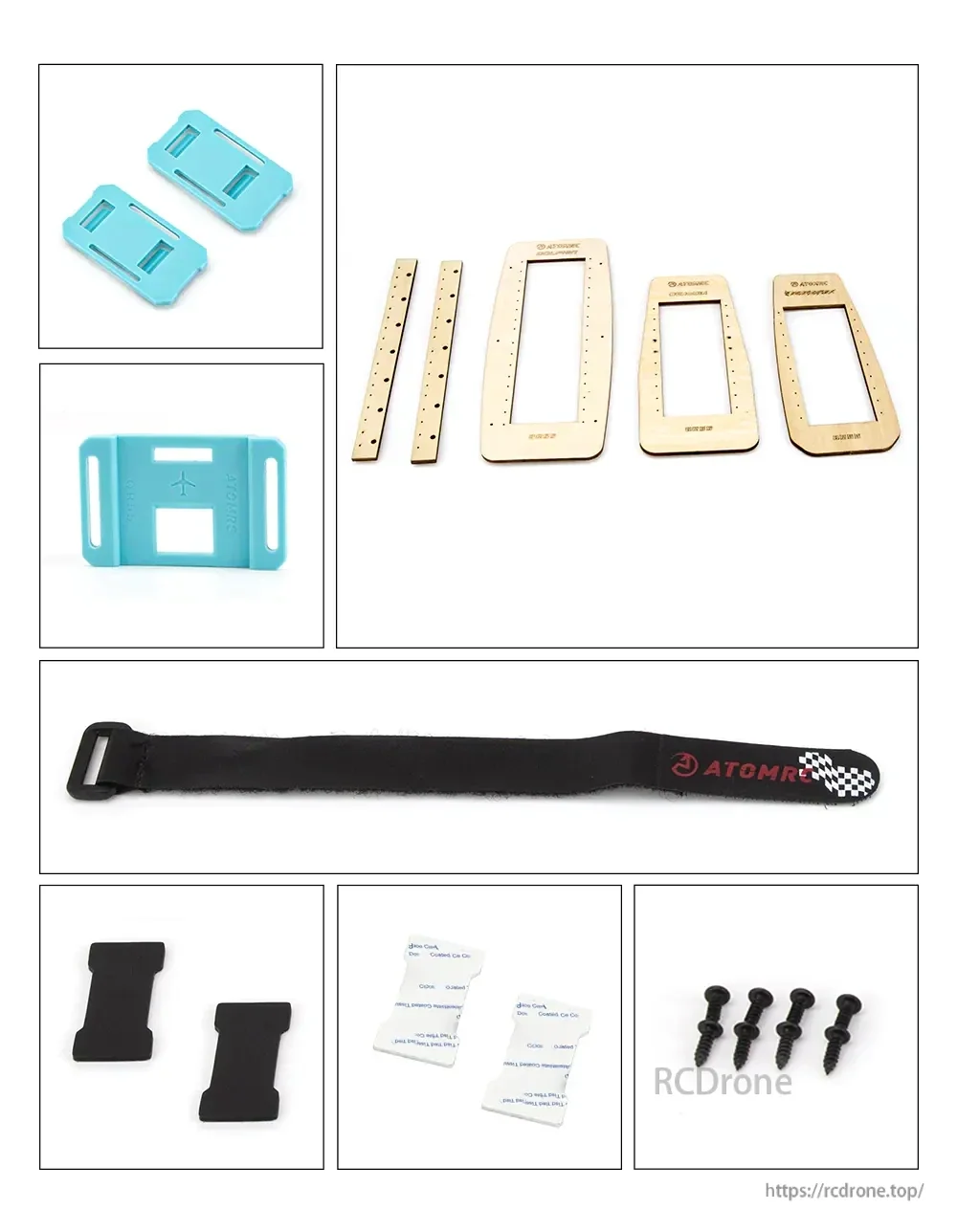 Packing list with QR55 top and bottom boards, mounting plates, strap, pads, tape, and M3×10 screws