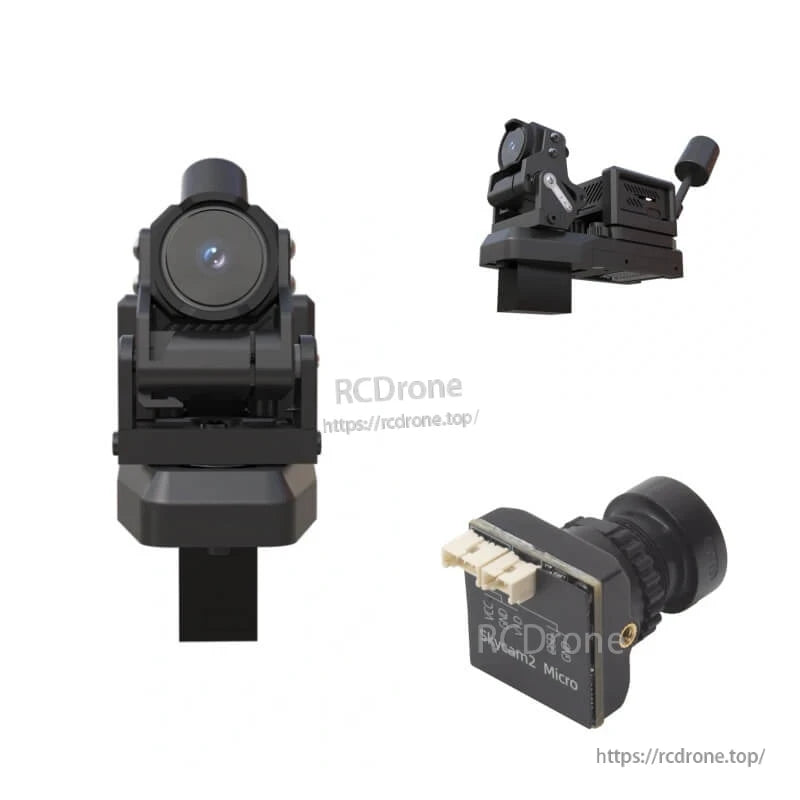 Collage of gimbal front view, side assembly view, and Skycam2 Micro camera module