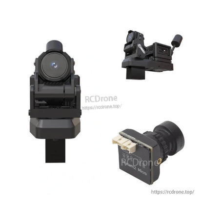 Collage of gimbal front view, side assembly view, and Skycam2 Micro camera module