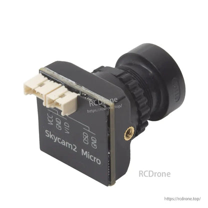 FPV camera rear PCB with connector ports and printed label "Skycam2 Micro"