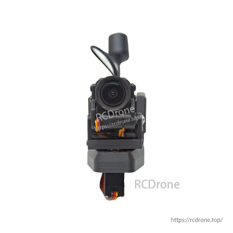 Front view of servo gimbal with camera centered in bracket, wiring below