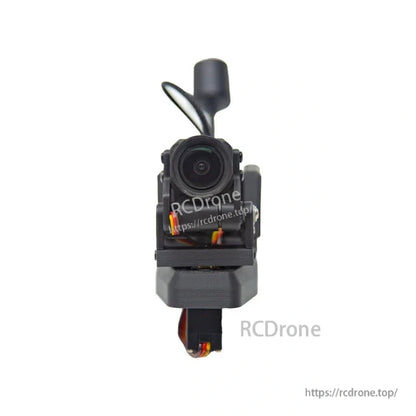 Front view of servo gimbal with camera centered in bracket, wiring below