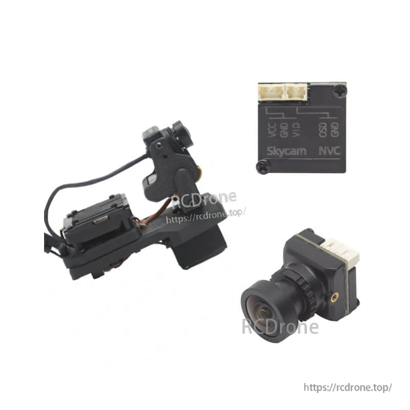 Included components shown together: servo gimbal assembly, camera module, and small connector board