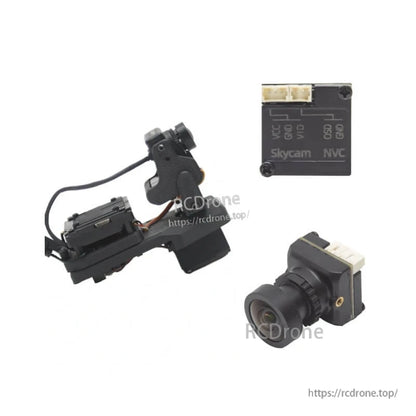 Included components shown together: servo gimbal assembly, camera module, and small connector board