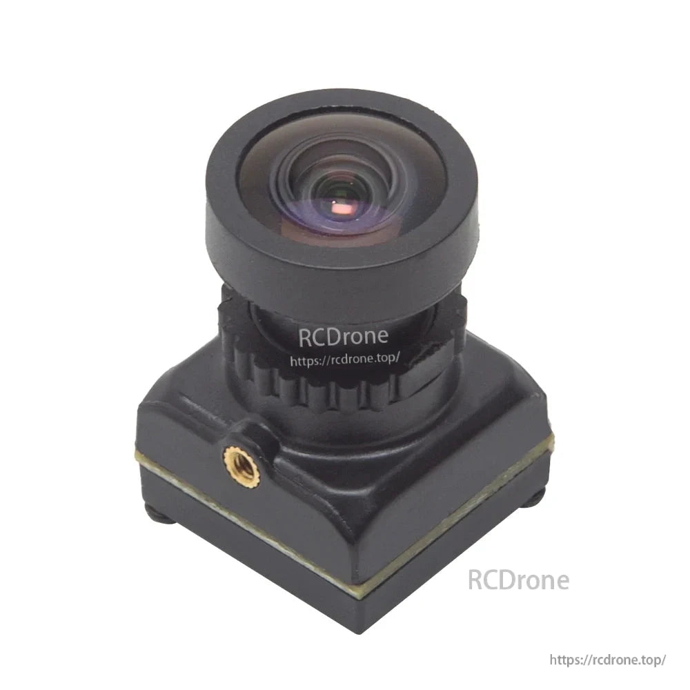 Standalone FPV camera close-up showing lens barrel and mounting screw insert