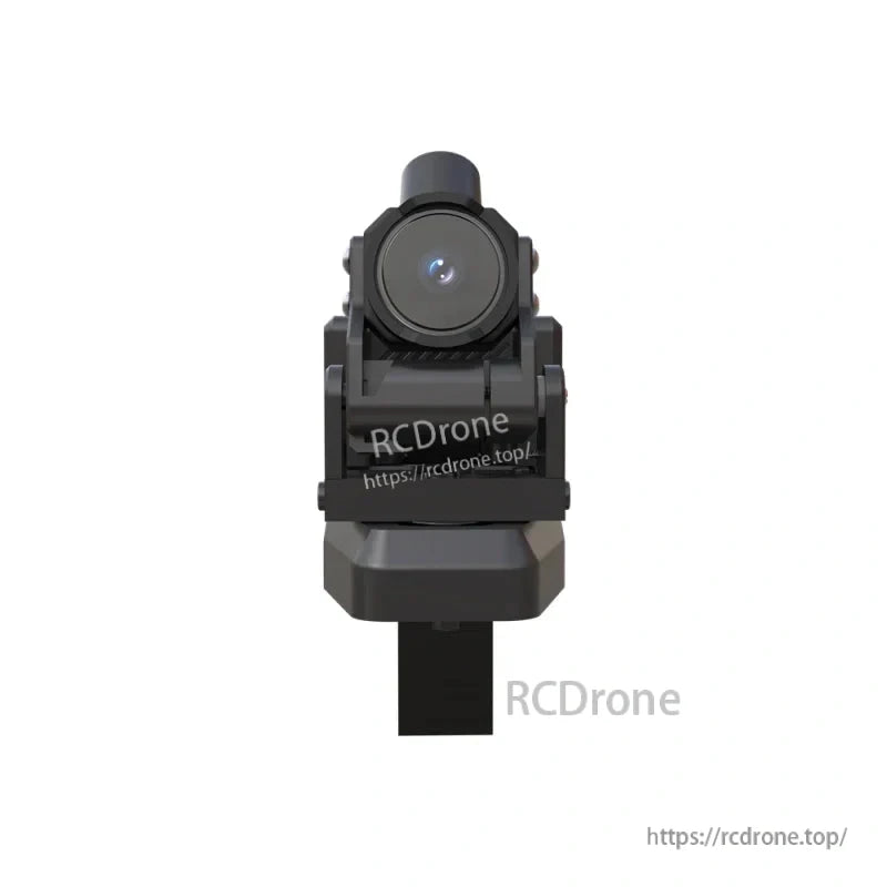 Close front view of camera lens installed in gimbal bracket